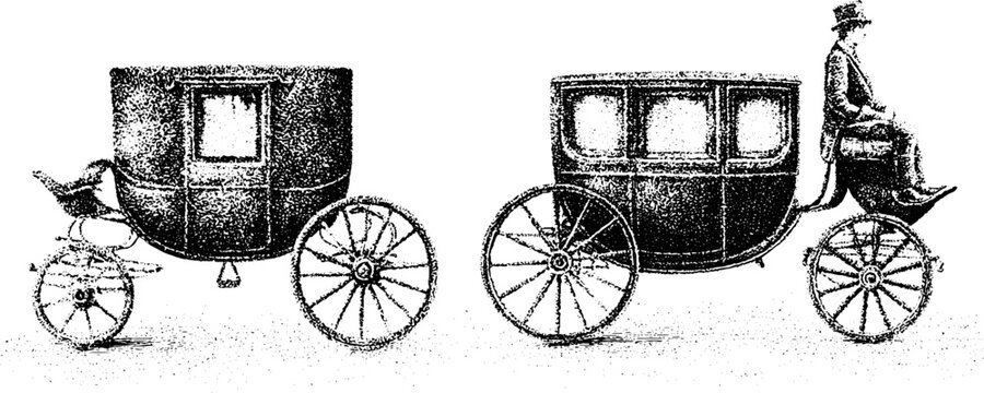 Vintage brougham and closed coach with coachman antique carriage engraving in black and white stipple drawing for historical background and design