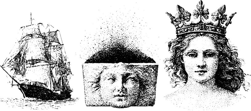 Vintage black and white stipple clipper ship figurehead and crowned royal head for engraving design elements and antique background