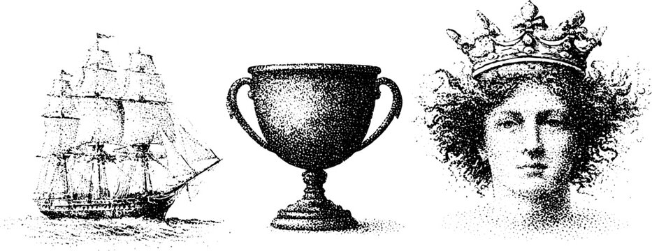 Vintage black and white stipple clipper ship trophy cup and crowned head for engraving design elements and antique background