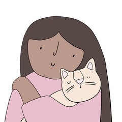 Cute girl hugs cat, love animals and care, doodle illustration 