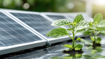 Fototapeta premium Young plant sprout growing near solar panels.