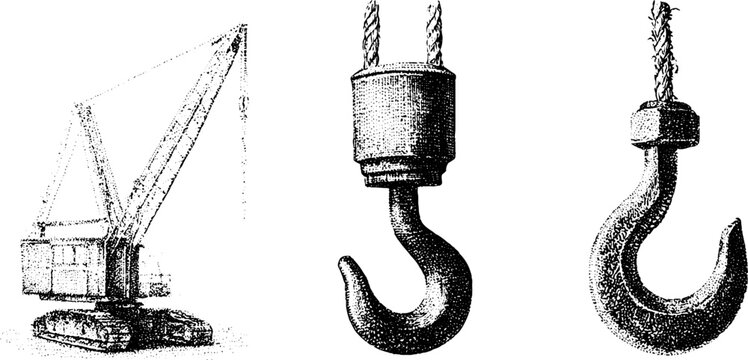 Vintage black and white crane jib and hook stippling engraving for industrial poster and background design