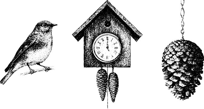 Hand drawn cuckoo clock with small carved bird and hanging pinecone weights woodcut background for rustic poster and craft design
