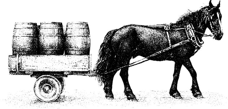 Harnessed horse pulling barrel dray black and white stippling illustration for vintage background and banner design