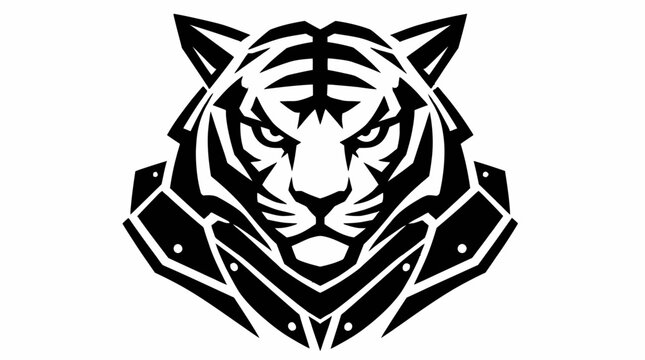 Armed tiger head mascot logo with robotic plate armor.