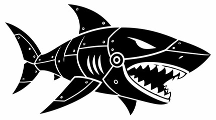 Mechanical robotic shark mascot logo with metal plates. © r.siti88