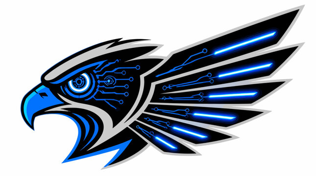 Cybernetic eagle head with blue glowing circuit wings.