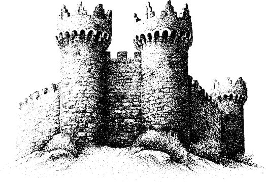 Medieval fortress with battlements towers and fortified stone walls black and white stippled engraving for historical background and poster design