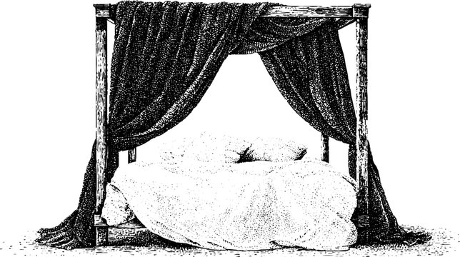 Four poster bed with draped canopy in black and white stipple engraving for interior design background and bedroom poster