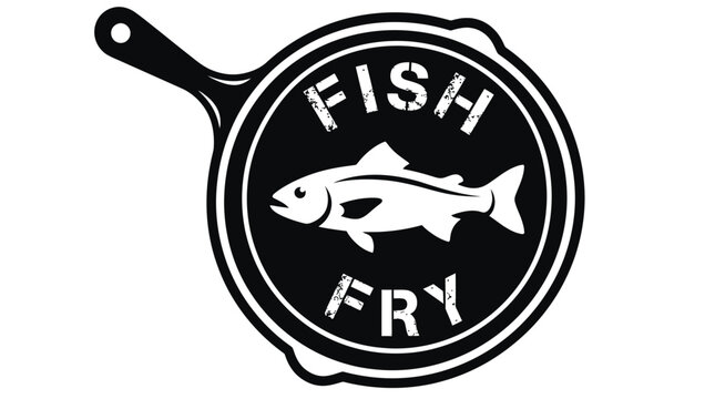 A black and white vector logo featuring a stylized fish inside a circular cooking pan