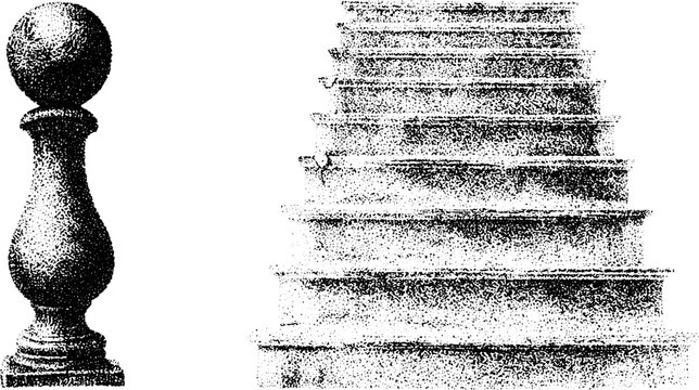 Stone staircase steps with separate turned newel baluster black and white traced illustration for architectural background and pattern design