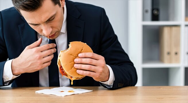 Close up of a businessman eating a messy burger at his desk. Corporate worker with ketchup dripping from a cheeseburger onto a napkin. Fast food lunch break in the office