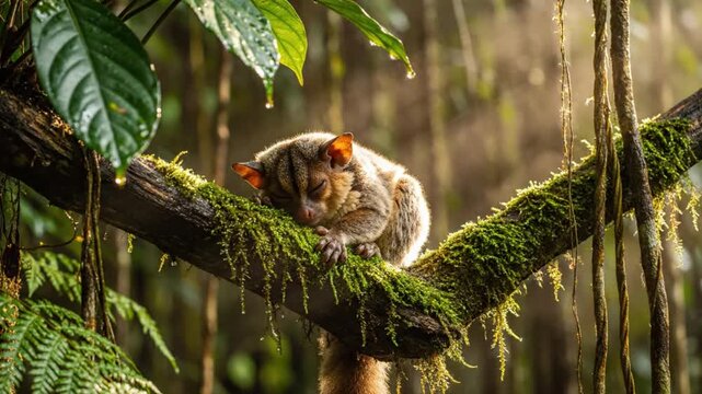 Nocturnal sleepy mouse lemur napping peacefully on a moss-covered branch in the rainforest, wildlife nature scene