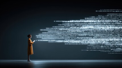 Woman observing digital data stream in dark space.