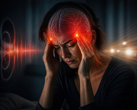 Woman suffering from sound sensitivity migraine with neurological pain visualization