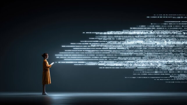 Woman observing digital data stream in dark space.