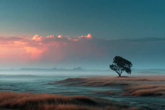 Dreamy Misty Landscape with Lone Tree at Sunrise and Dramatic Pink Storm Clouds