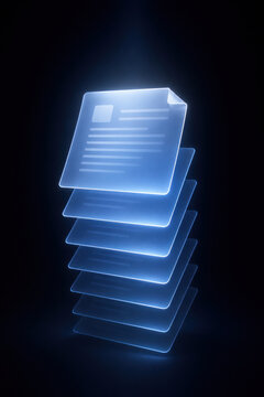 Floating Holographic Documents Stack on Dark Background
