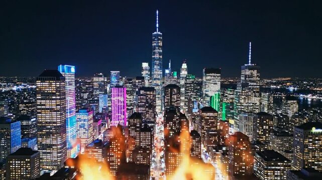 Epic nighttime view of a burning bonfire over the vibrant city skyline with colorful illuminated skyscrapers