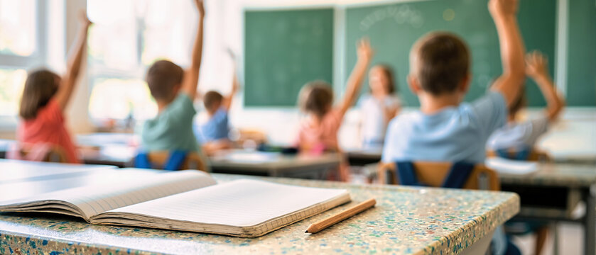 Lined notebook and pencil on speckled recycled plastic desk. Classroom background with children raising hands