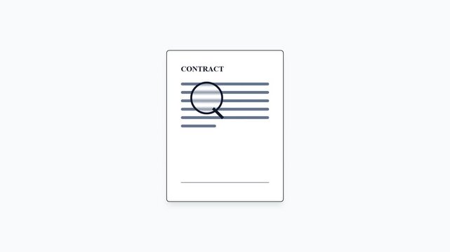 Animated illustration of a legal contract being reviewed with a magnifying glass and signed.