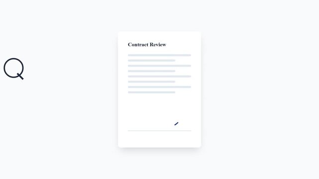 Minimalist animation of a digital contract review and signature process.