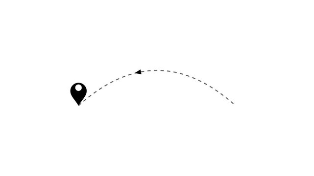 Animated map pin with dashed route line on white background