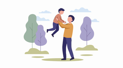 Fototapeta premium Joyful father and son bonding outdoors, flat design illustration