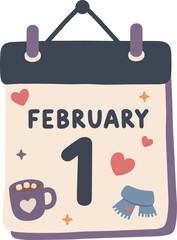 Fototapeta premium Minimal flat illustration of a hanging February 1 calendar decorated with hearts, a hot chocolate mug and a winter scarf, isolated on a white background.