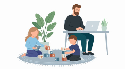 Fototapeta premium Father Working from Home While Children Play and Learn Indoors