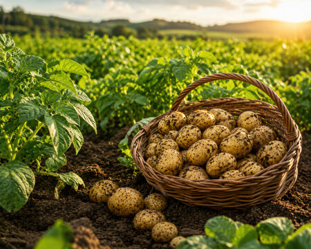 Freshly Harvested Potatoes in Basket on Agricultural Field