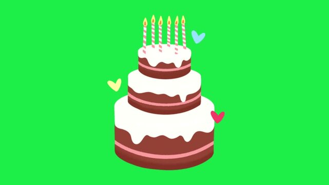 Birthday cake with candles on green screen background for party celebration anniversary chromakey video element
