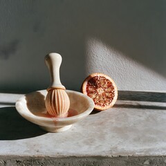 Fototapeta premium Ceramic citrus reamer beside halved blood orange in marble bowl