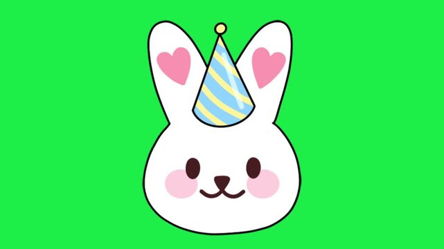 Cute bunny wearing party hat on green screen background for birthday celebration video element