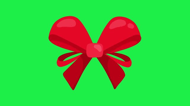 Red ribbon bow knot on green screen background for gift present holiday celebration chromakey video element