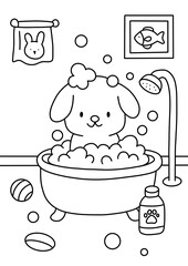 Children's coloring page: a cute doggy taking a bath.