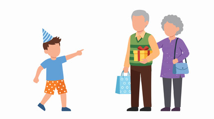 Boy in party hat points at grandparents holding gifts and shopping bag