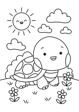 Children's coloring page: a cute turtle walking in a meadow.