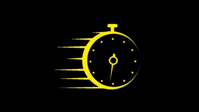 Yellow fast stopwatch icon with speed motion trail effect on black background for express time delivery video element