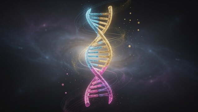 Glowing colorful DNA helix floating in deep cosmic space with sparkling particles creating futuristic genetics biotechnology medical research genome science and molecular innovation concept background