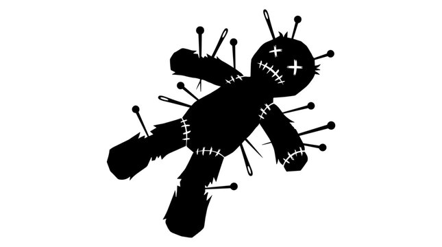Black voodoo doll pierced with needles on white background