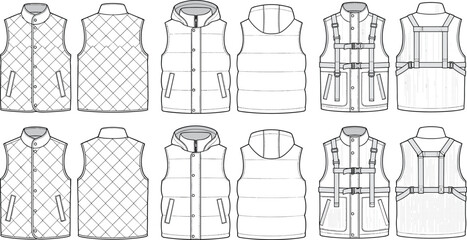 Fashion technical sketch of men quilted vest and puffer gilet templates showing front and back views for tech pack design © Shahin