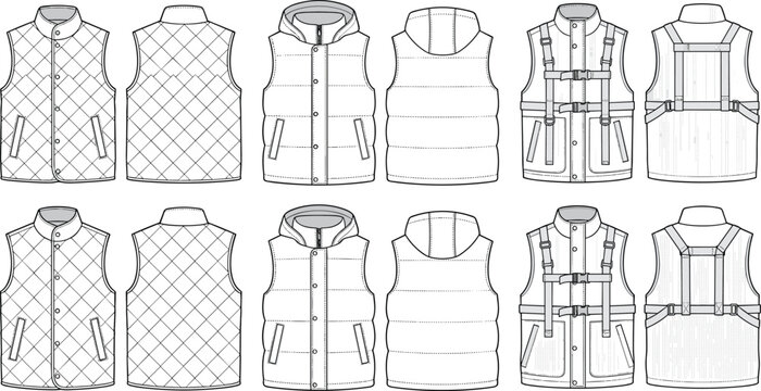 Fashion technical sketch of men quilted vest and puffer gilet templates showing front and back views for tech pack design