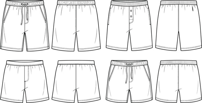 Fashion technical sketch of men sports shorts and casual trunks showing front and back views for tech pack design templates