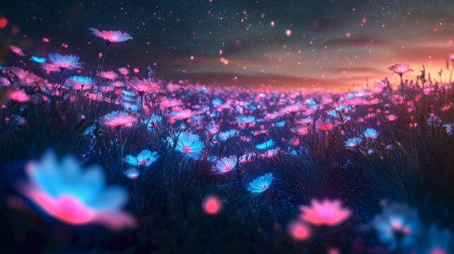 Glowing fantasy flower field under starry twilight sky with neon blue and pink blossoms creating magical nature dreamscape spring meadow surreal botanical background and wonderland scene