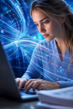 Caucasian Professional Reviews Medical Billing on Laptop with Quantum Computing Cyberspace Digital Flow.