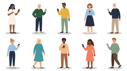 Diverse people using smartphones, isolated on white background, digital communication concept