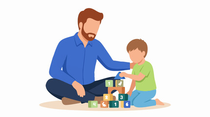 Fototapeta premium Father and son playing with colorful building blocks, educational playtime