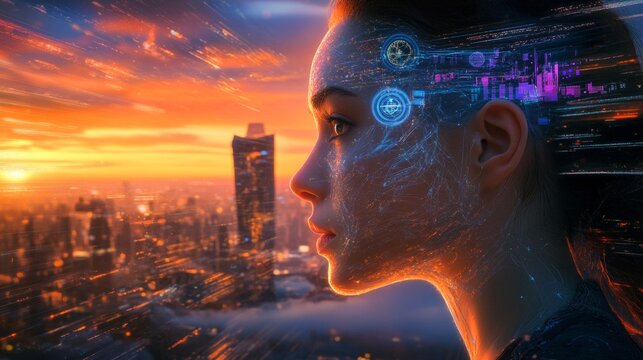Futuristic female android profile overlooking sunset city skyline with digital interface creating artificial intelligence cyber technology smart network and human machine innovation concept background