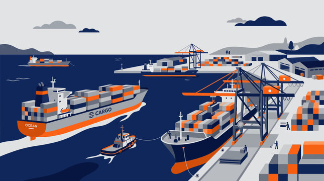 Container ships docking at busy industrial seaport harbor.